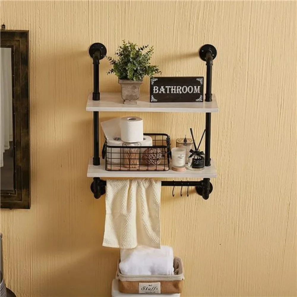 Pipe Shelving Bathroom Pipe Shelves with Towel Bar,2 Tier 24 inch Retro White